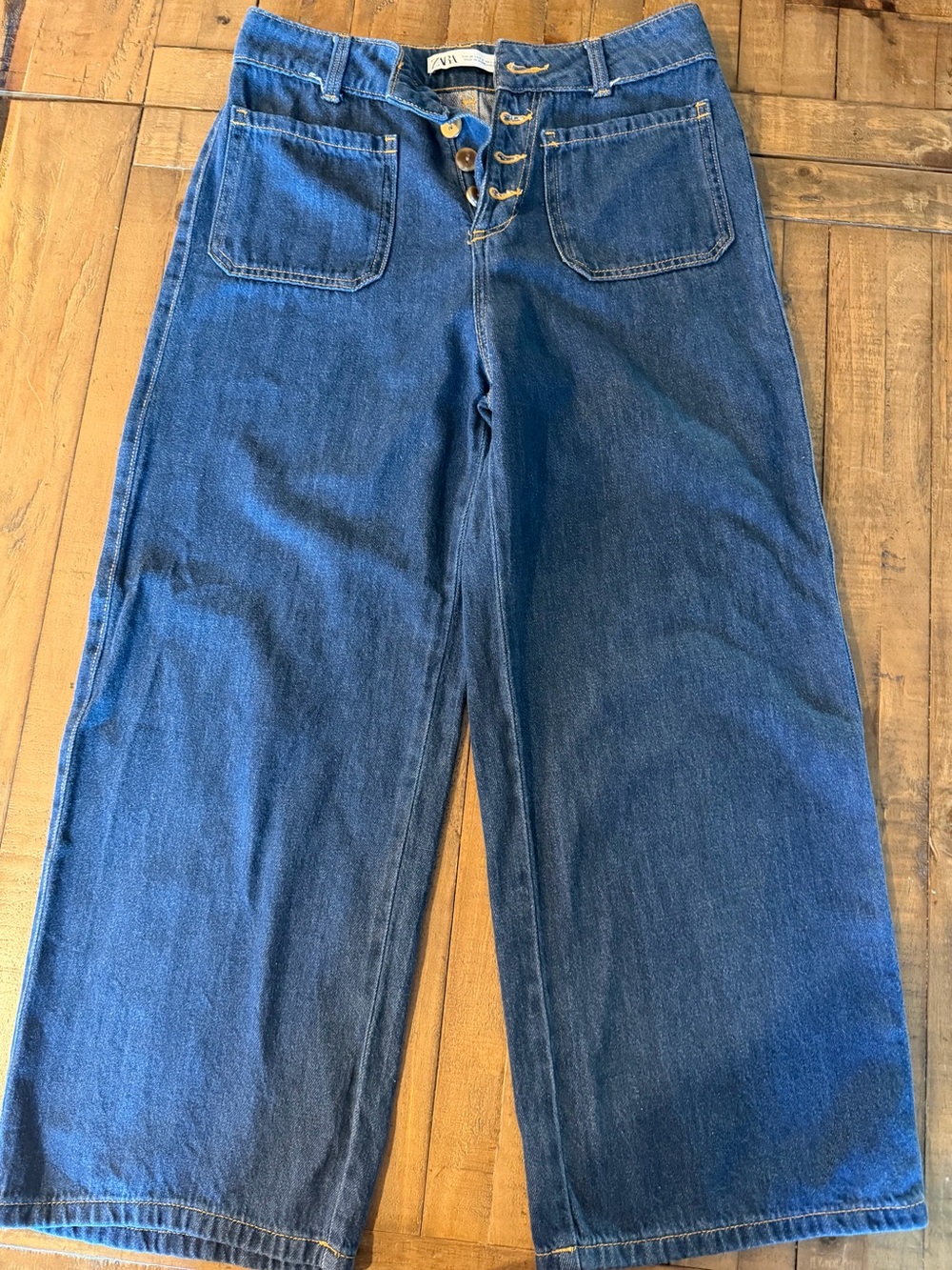 Wide Leg Women’s Jeans in Dark Blue with Button Fly